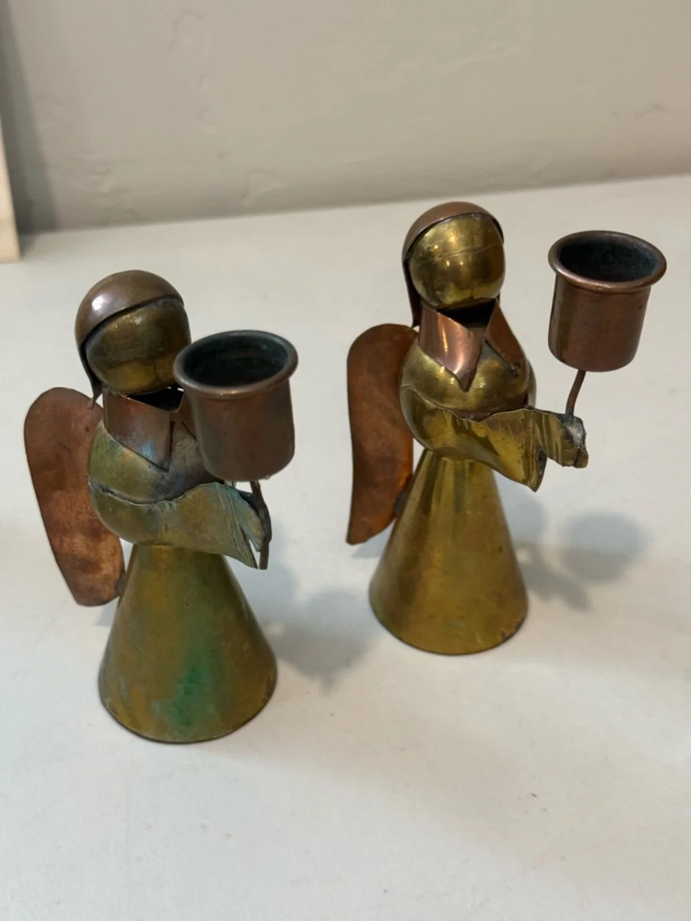 Vintage Mexican Brass & Copper Angel Candle Holders‎  Set Mini Taper Pair Rustic